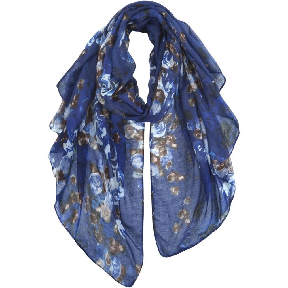Women Darkblue Fashion Flowers Print Scarves Winter Head Shawl Cotton Wrap